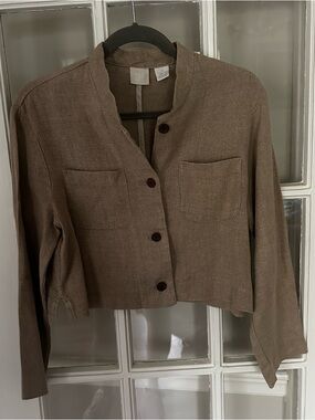 GAP Cropped Collarless Button-Front Jacket in Taupe Small Linen Vintage